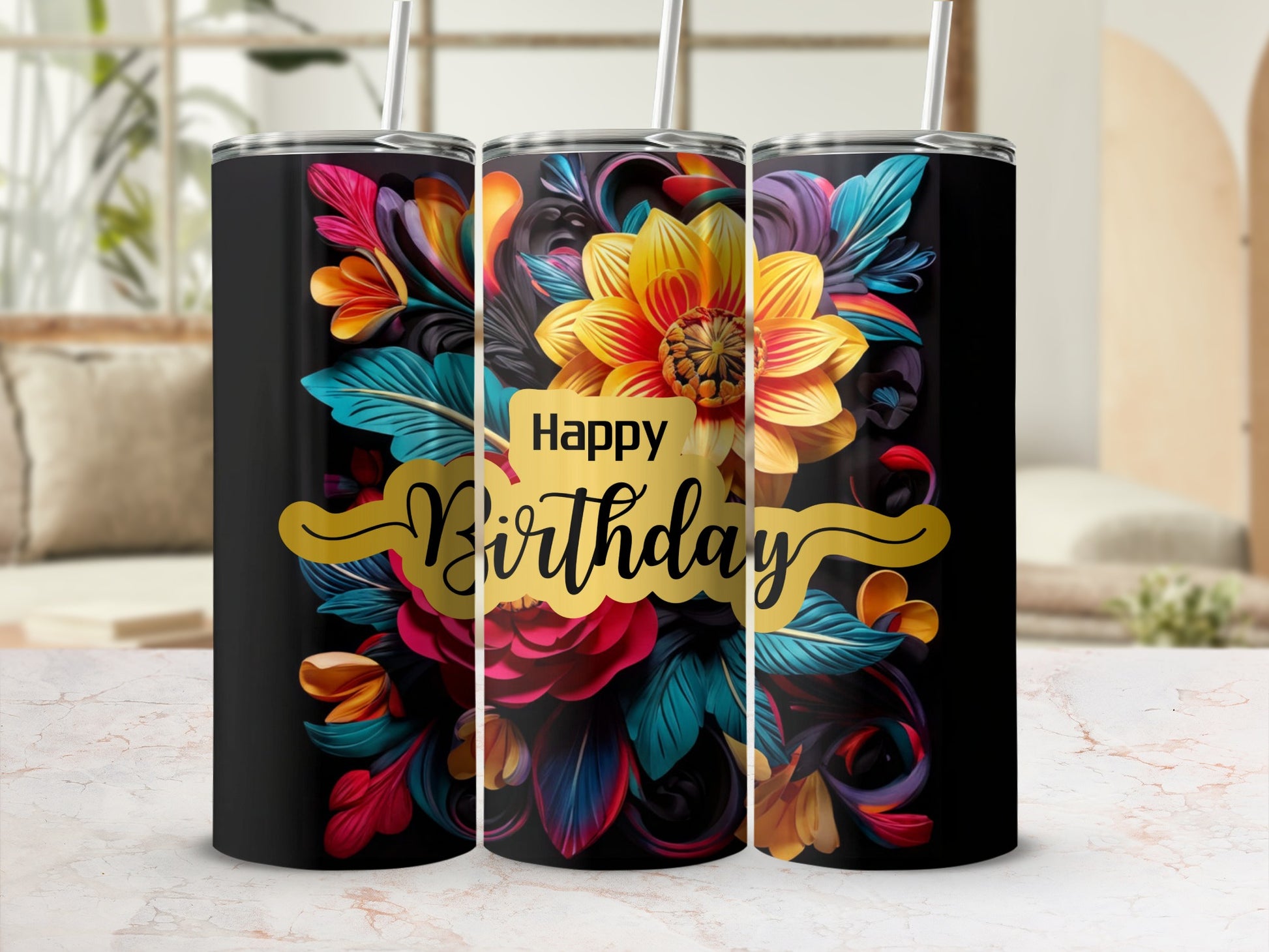 Black tumbler with colorful floral design and "Happy Birthday" text.