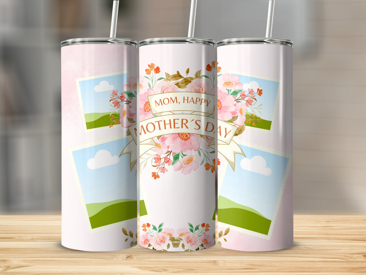 Three tumblers with floral designs and "Mom, Happy Mother's Day" text.