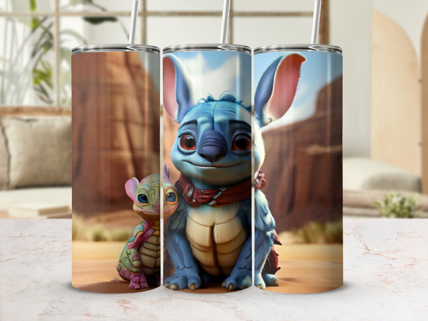 Stitch and Angel characters on tumblers with desert background.