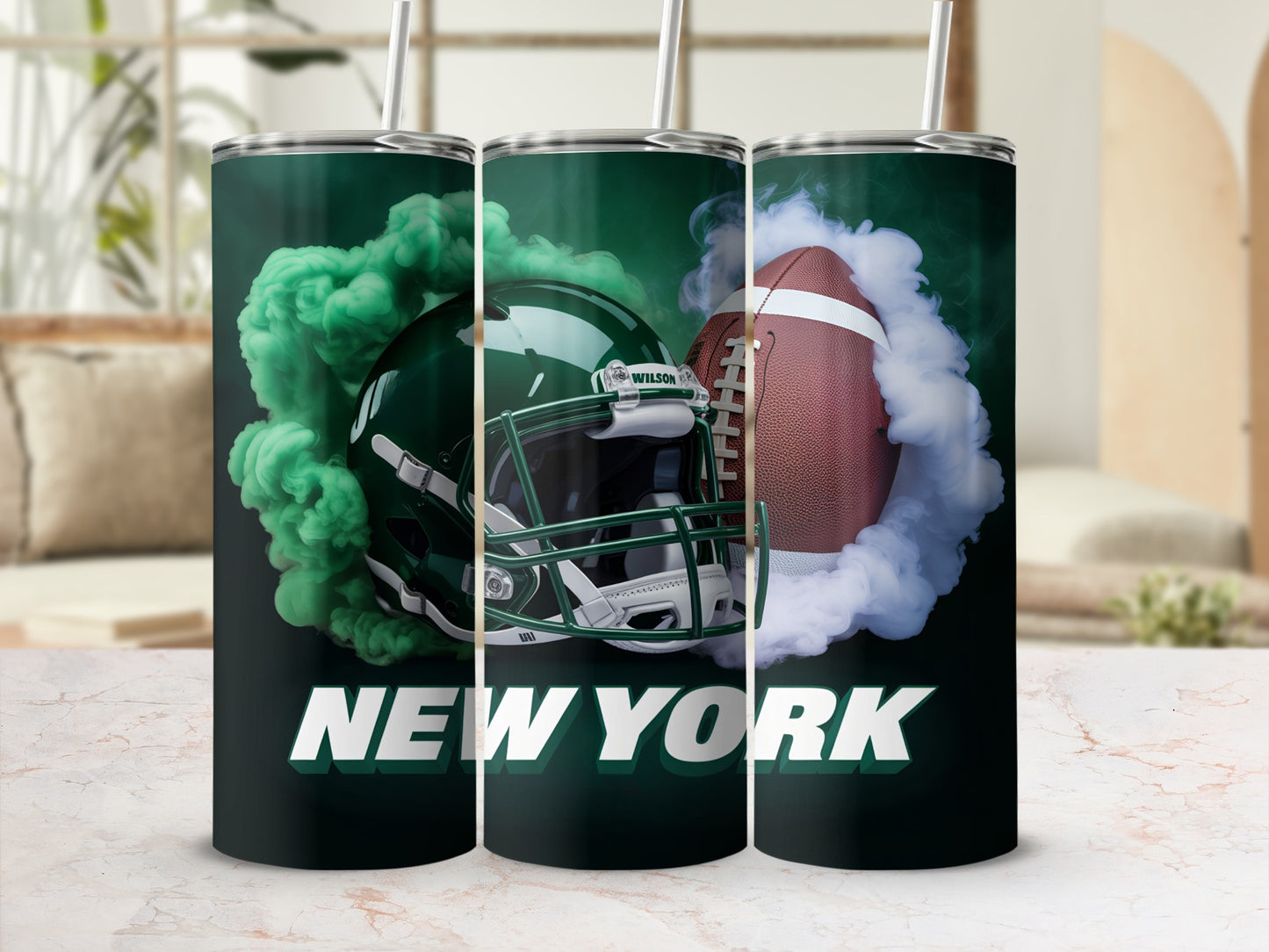 Green and white football helmet and brown football surrounded by smoke.