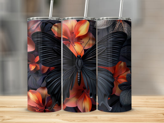 Three tumblers with a black butterfly and floral pattern.