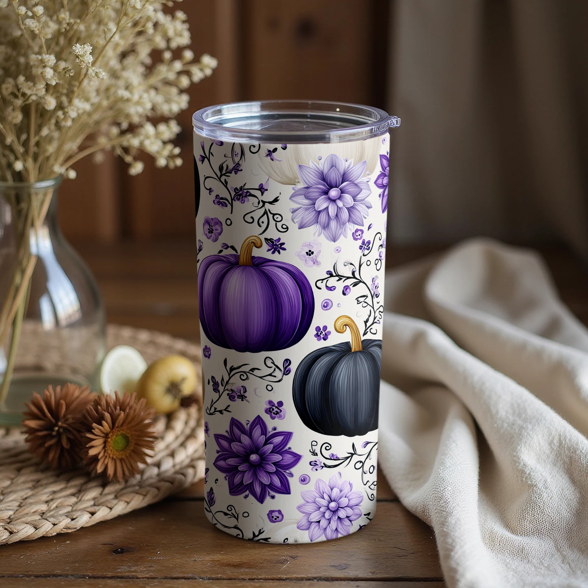 Fall Floral and Pumpkin Themed Tumbler Cup
