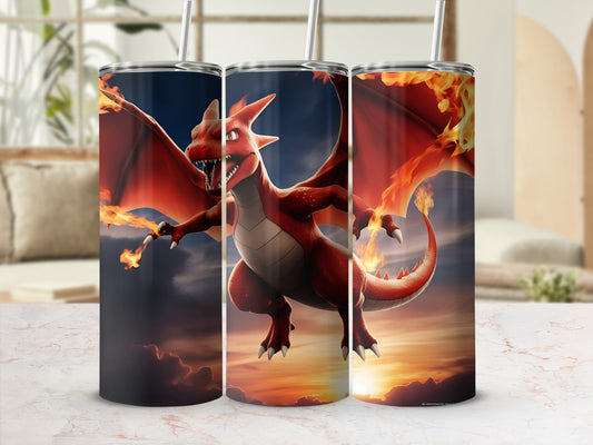 Charizard dragon breathing fire in front of a sunset on a tumbler.
