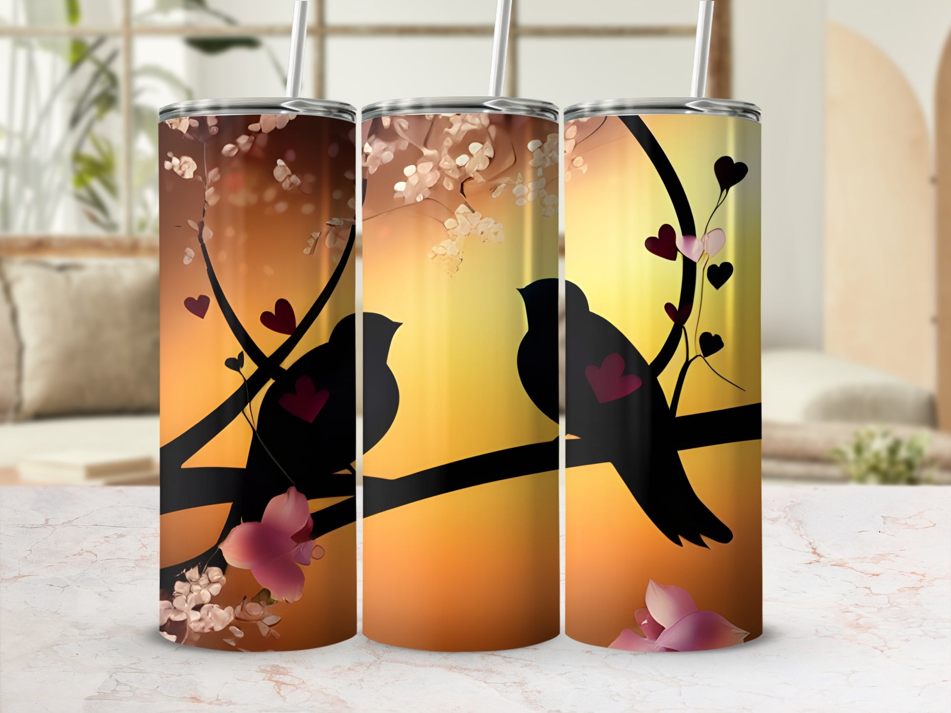 Two silhouettes of birds on a branch with hearts, against a gradient sunset background.