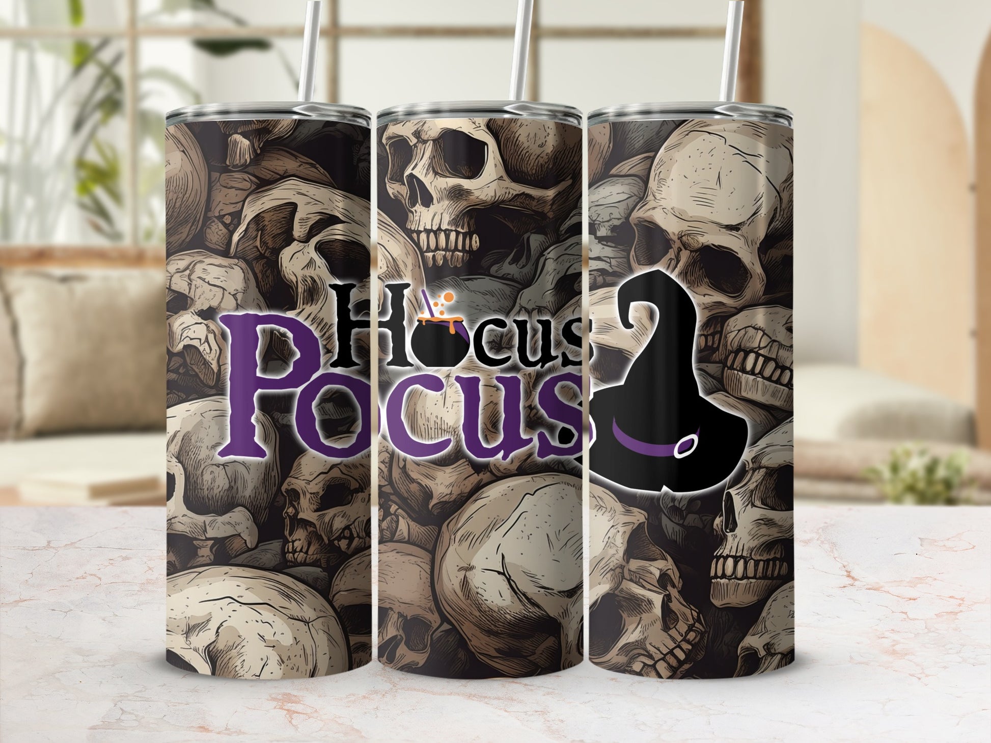 Hocus Pocus Skull Themed Tumbler with Witch Hat Design
