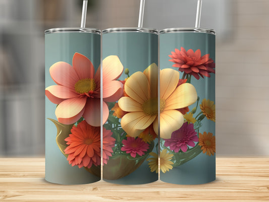 Three tumblers with floral designs in a teapot.