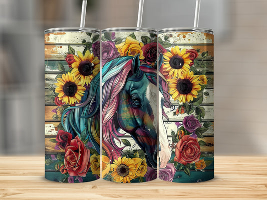 Horse head with sunflowers and roses on a striped wooden background.