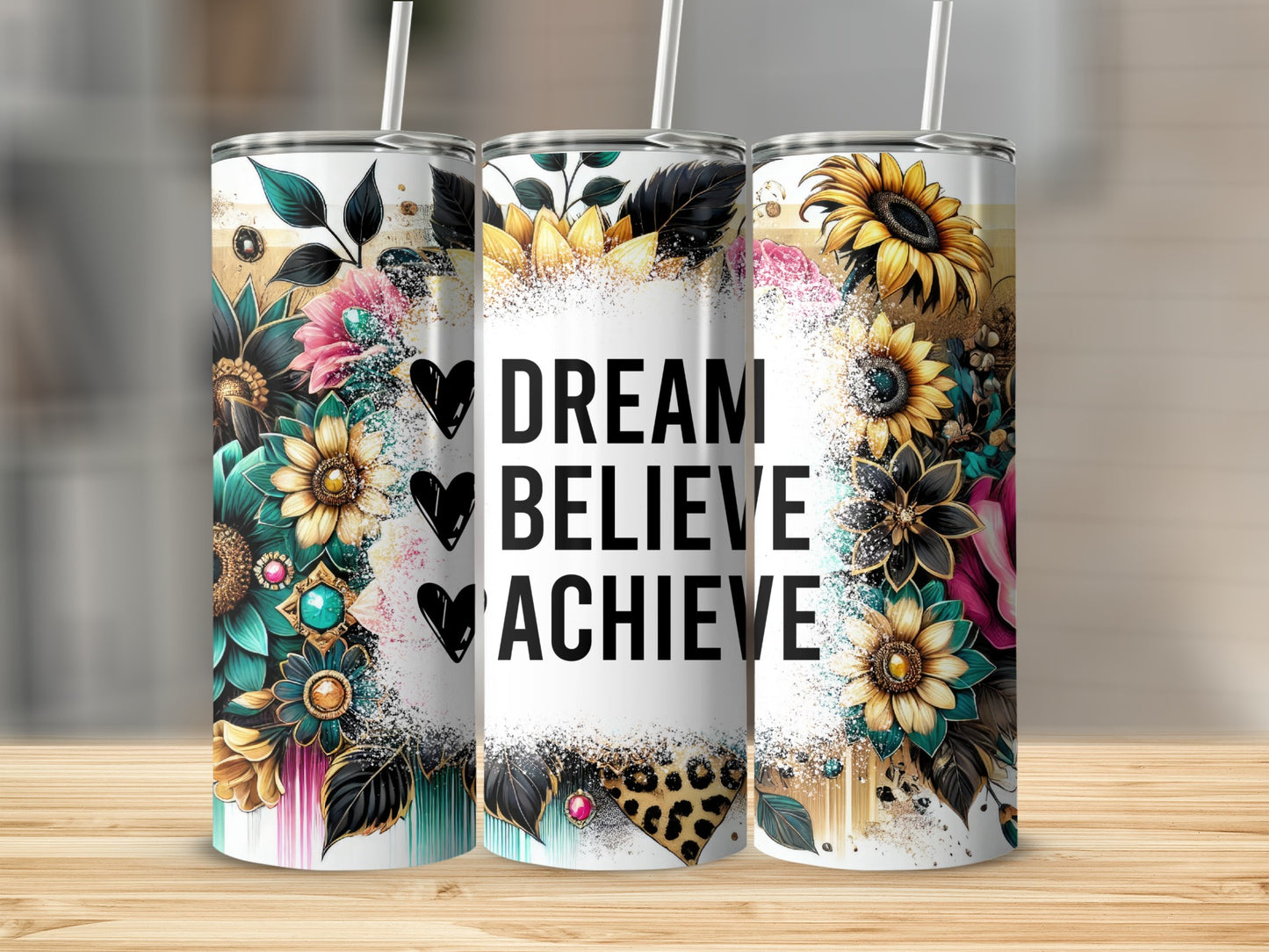 Dream Believe Achieve Floral Motivational Tumbler