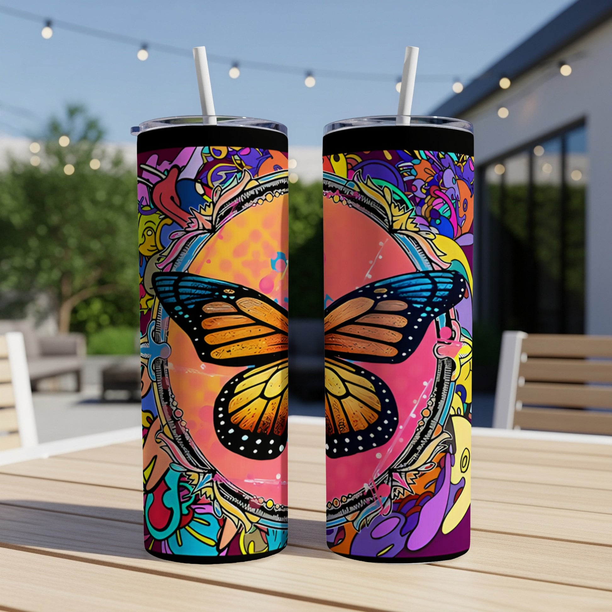 Two colorful tumblers with butterfly and psychedelic art designs sit on a table.