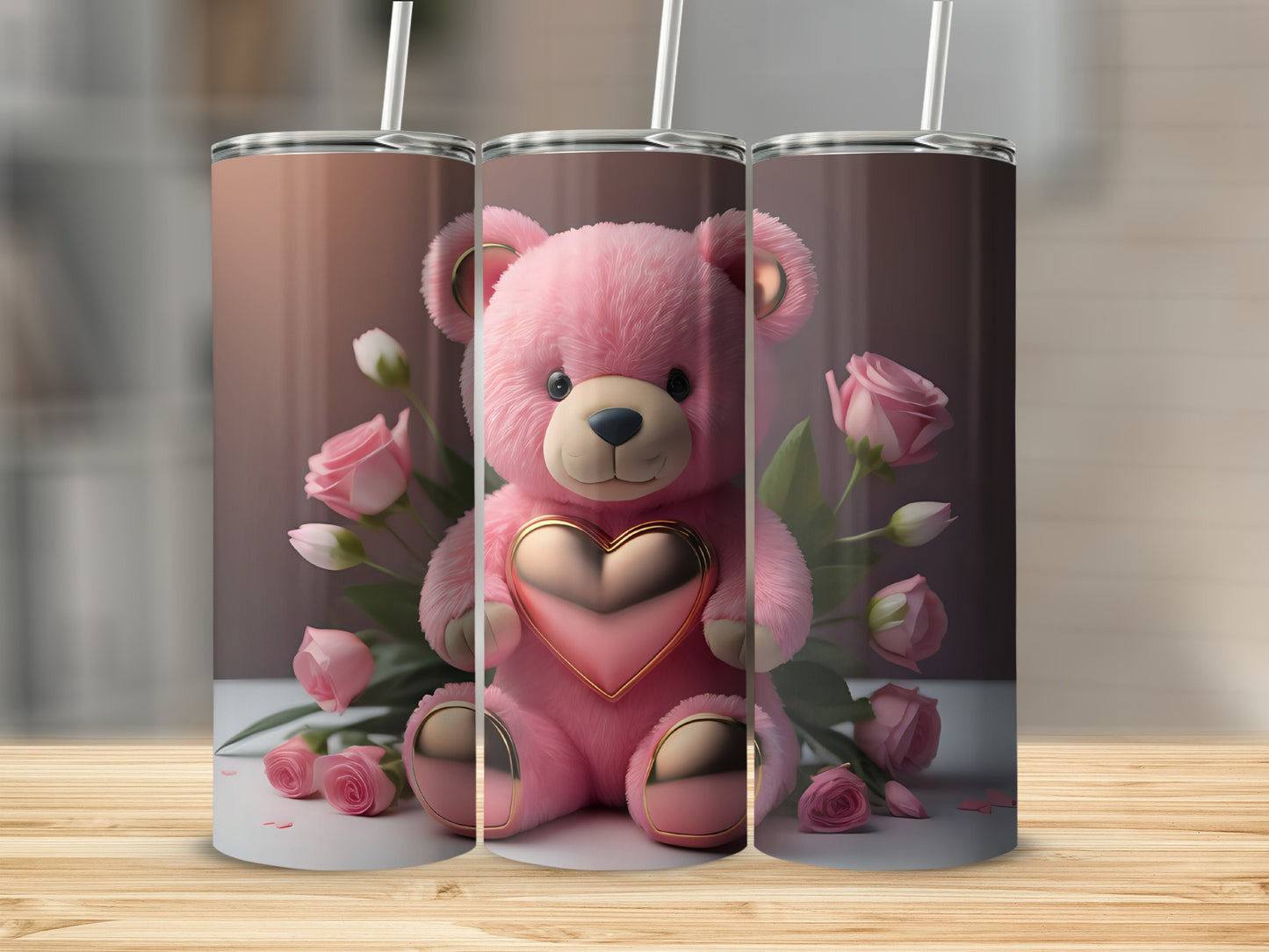 Pink Teddy Bear with Roses Design Tumbler Cup