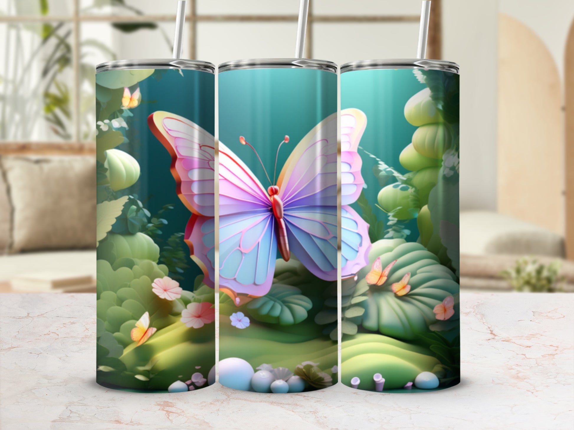 Three tumblers with a pastel butterfly and green foliage design.