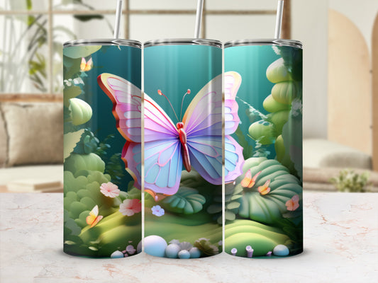 Three tumblers with a pastel butterfly and green foliage design.