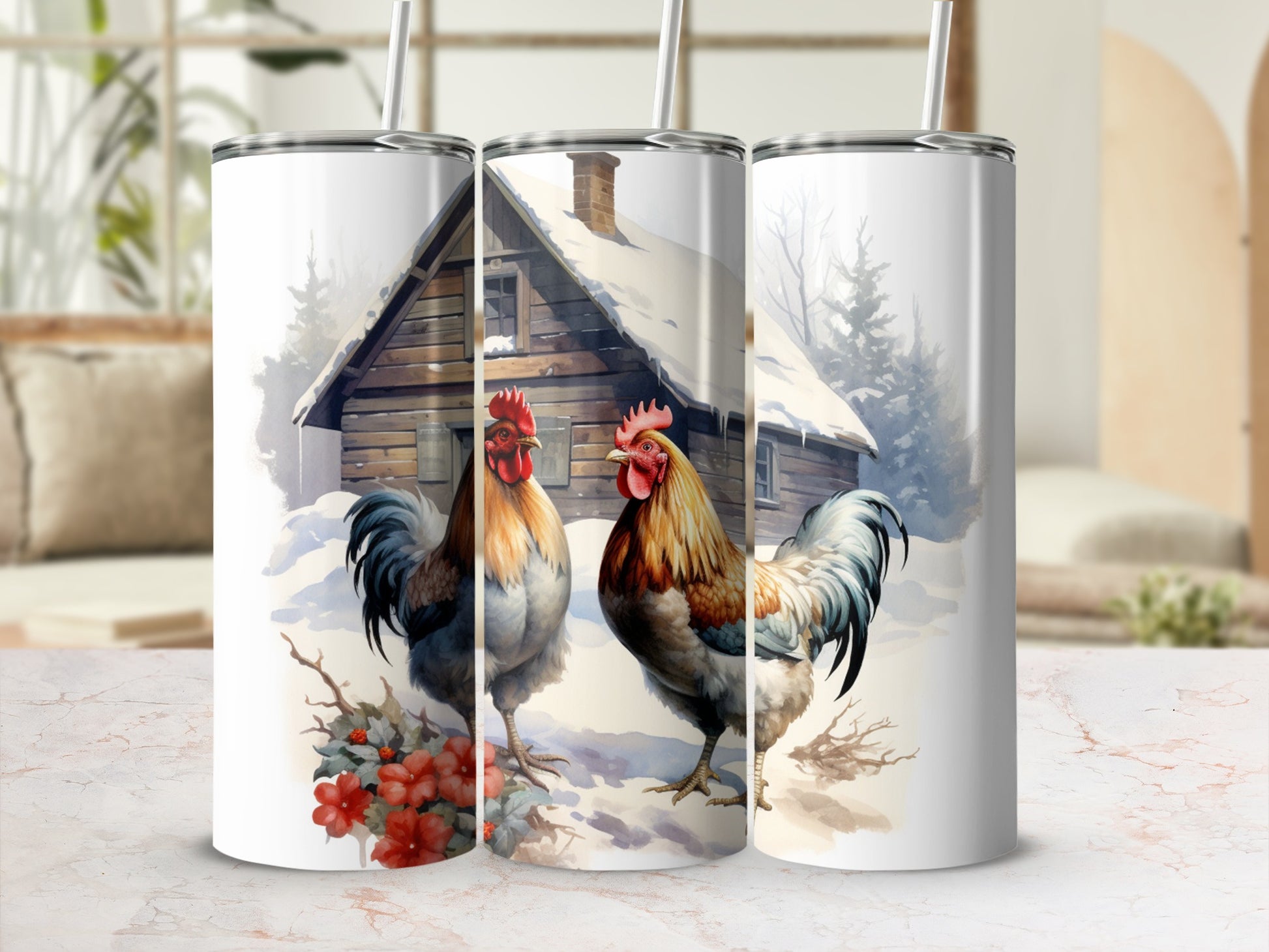 Two roosters stand in the snow in front of a rustic cabin.