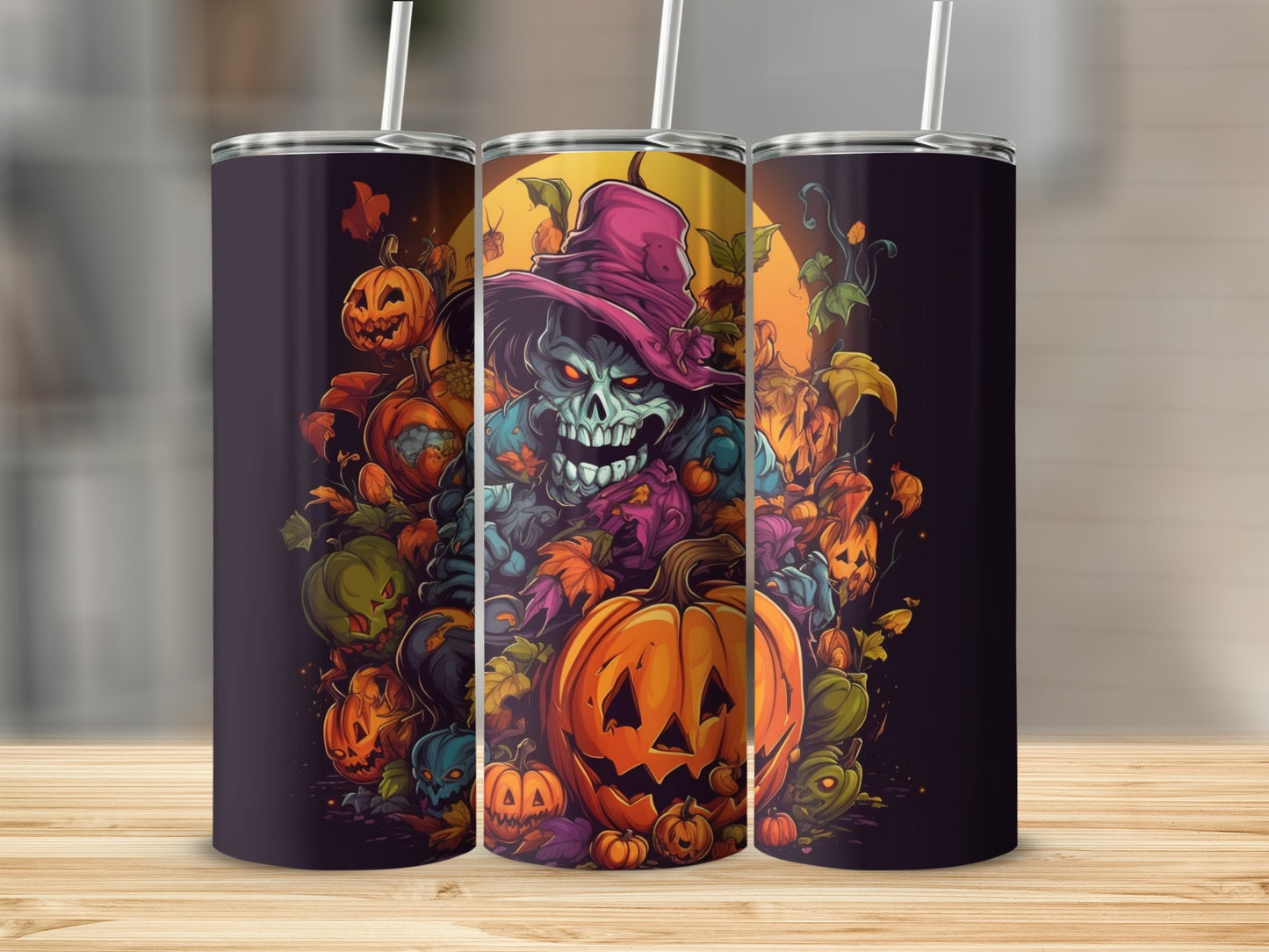 Halloween tumbler with a zombie, pumpkins, and autumn leaves design.