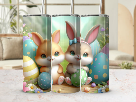 Two cute Easter bunnies with painted eggs and spring flowers.