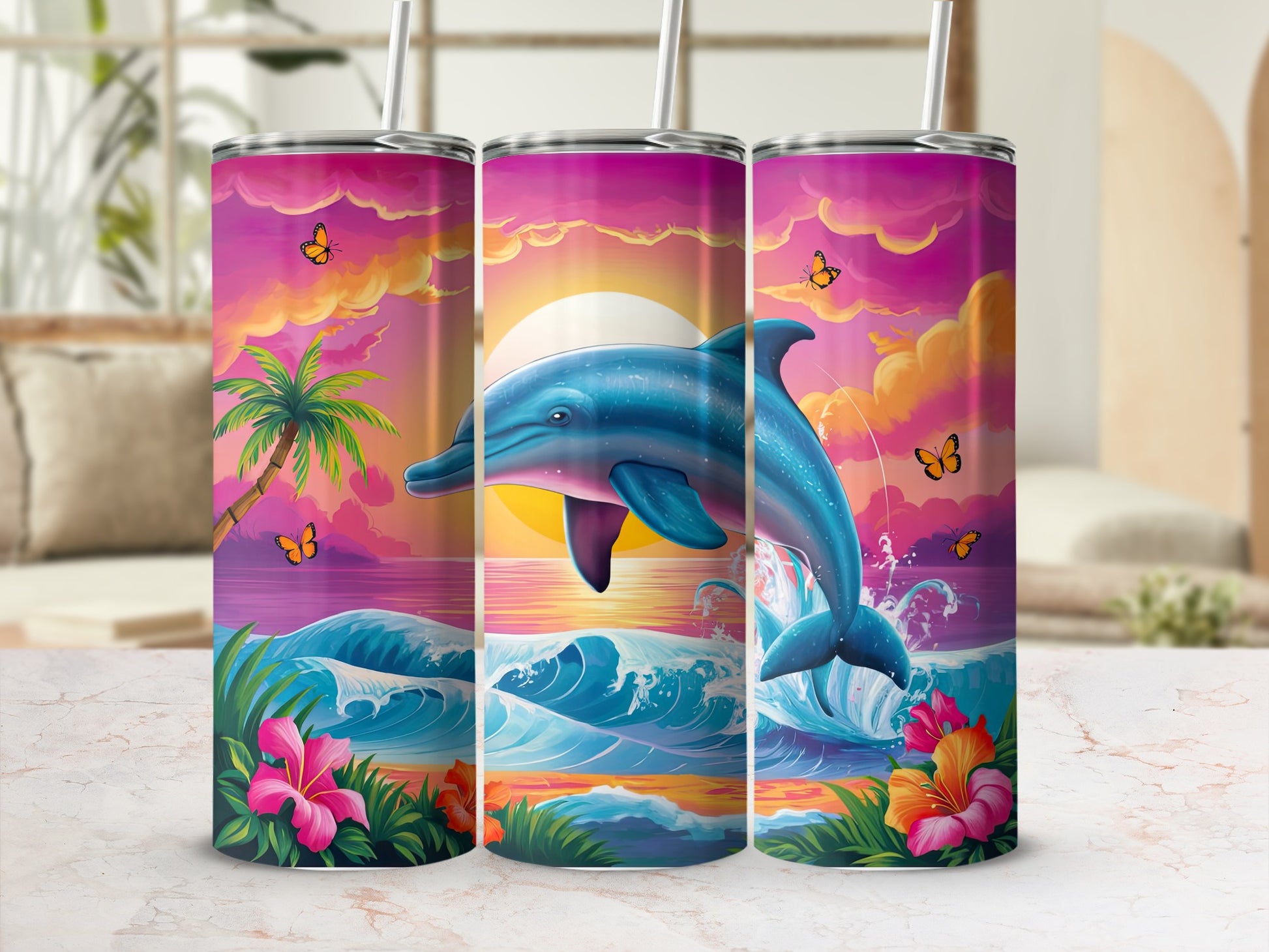 Dolphin leaping from ocean waves at sunset with tropical flowers and butterflies.