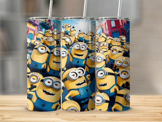 Many cartoon Minions with big eyes and yellow bodies smile.