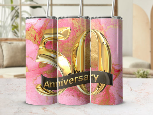 Gold "50" and "Anniversary" text on pink marble tumbler.