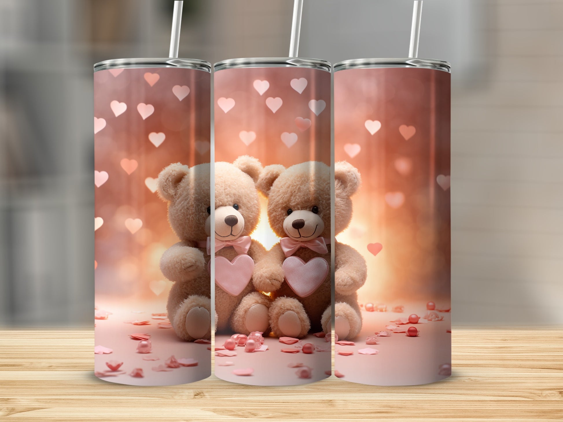 Cute Teddy Bear Couple with Pink Hearts Design Tumbler