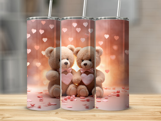 Cute Teddy Bear Couple with Pink Hearts Design Tumbler