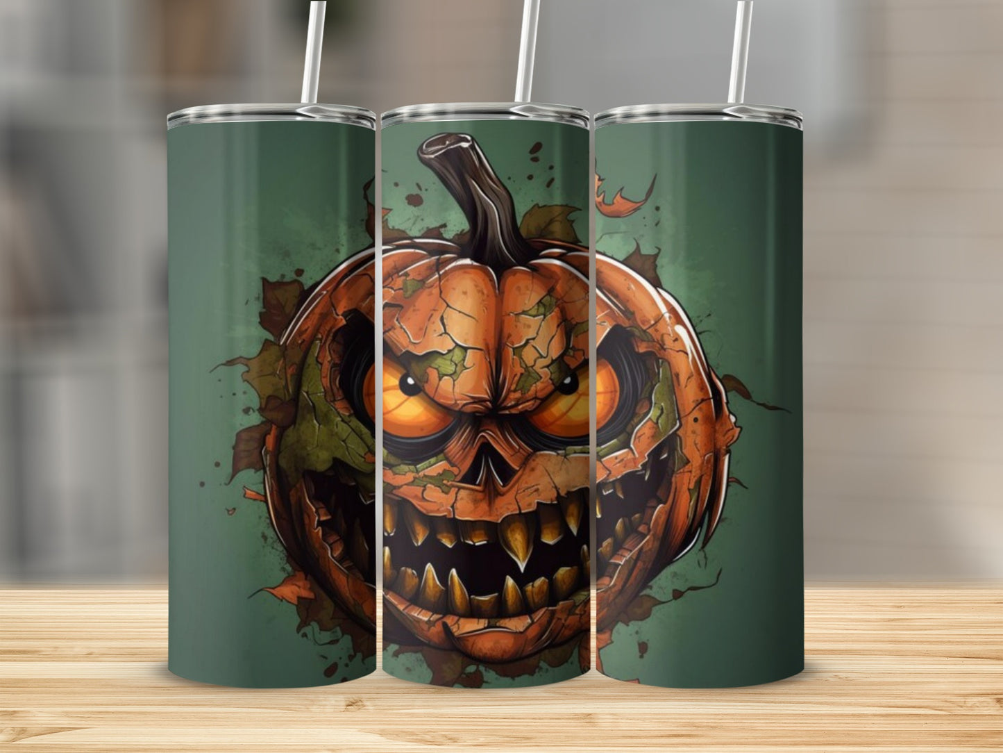 Three tumblers featuring a menacing jack-o'-lantern Halloween graphic with cracked orange and green details.