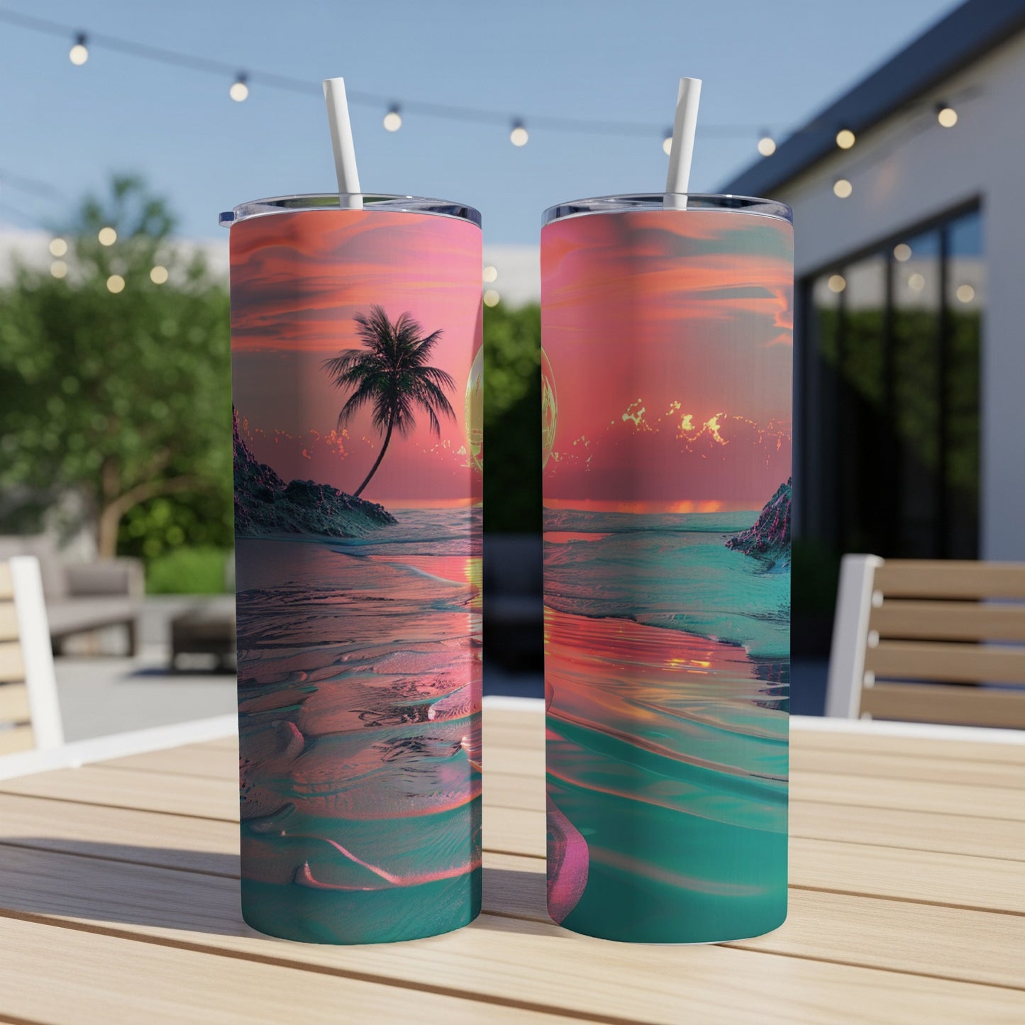 Two beach-themed tumblers sit on a table outdoors.