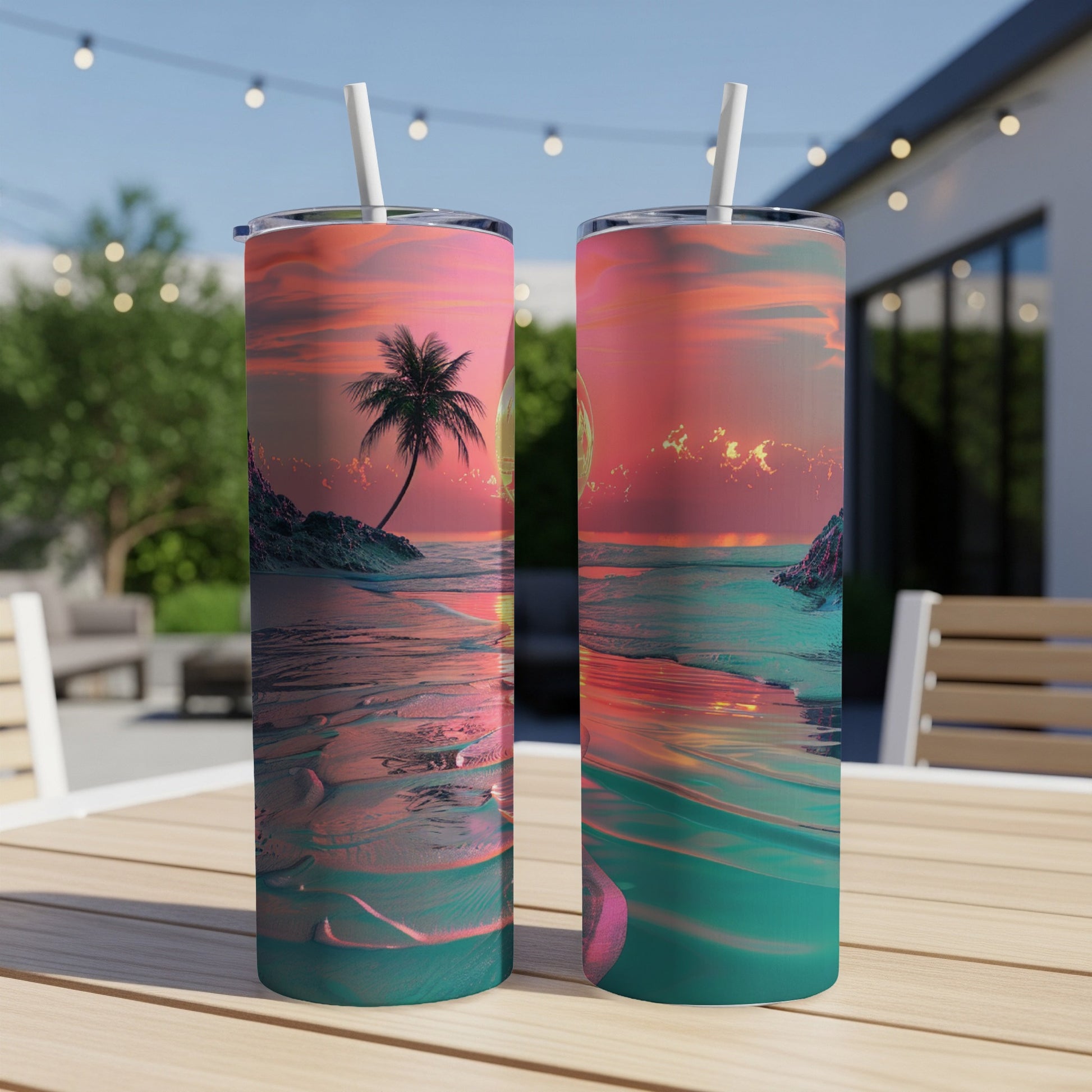 Two beach-themed tumblers sit on a table outdoors.