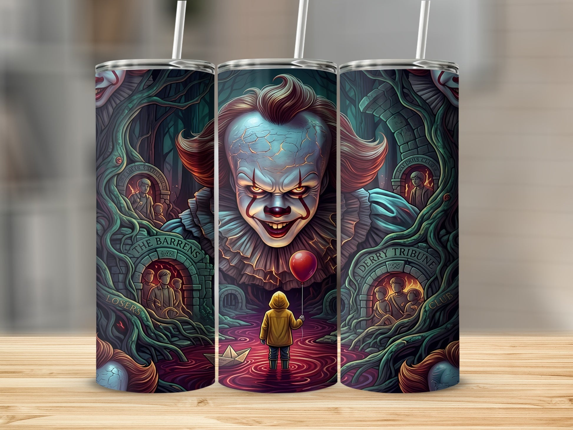 Pennywise the Clown looming over a child in a yellow raincoat holding a red balloon.