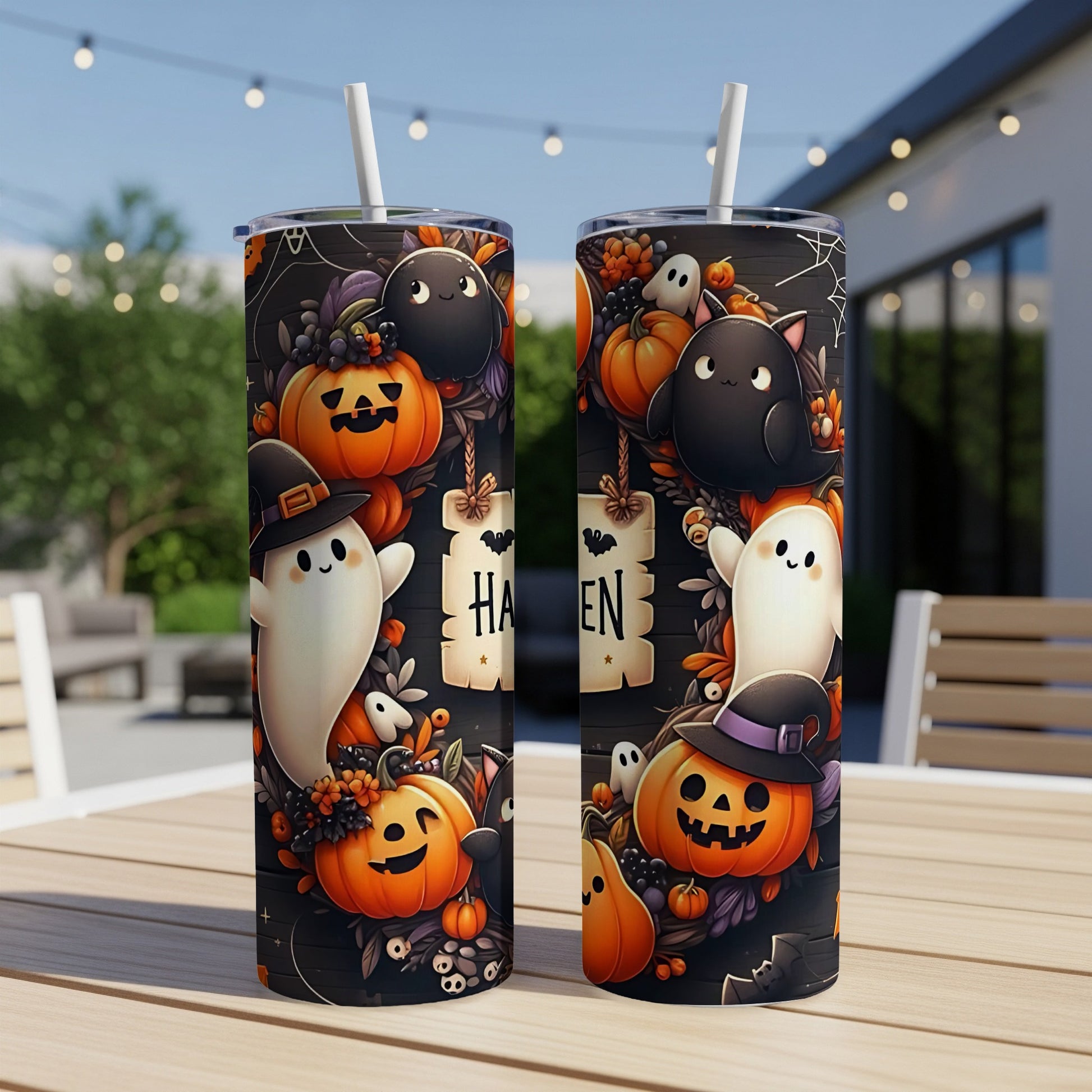 Halloween tumblers with pumpkins, ghosts, bats, and a black cat design.