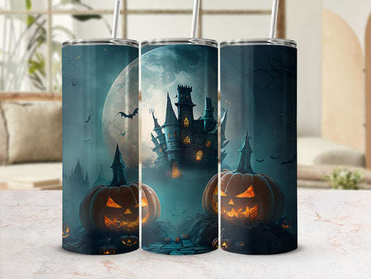 Three tumblers featuring a Halloween scene with a haunted castle and glowing jack-o'-lanterns.