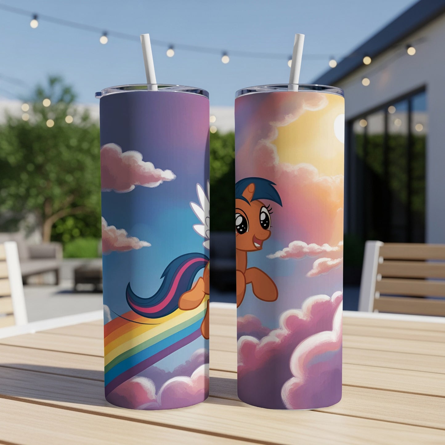 Rainbow Dash soaring through clouds with a rainbow arc.