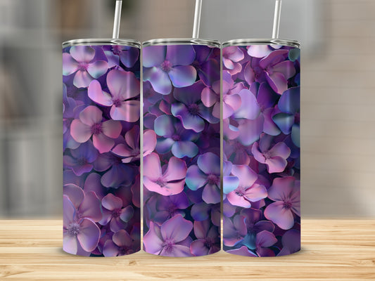 Three tumblers featuring a dense pattern of purple and pink flowers.