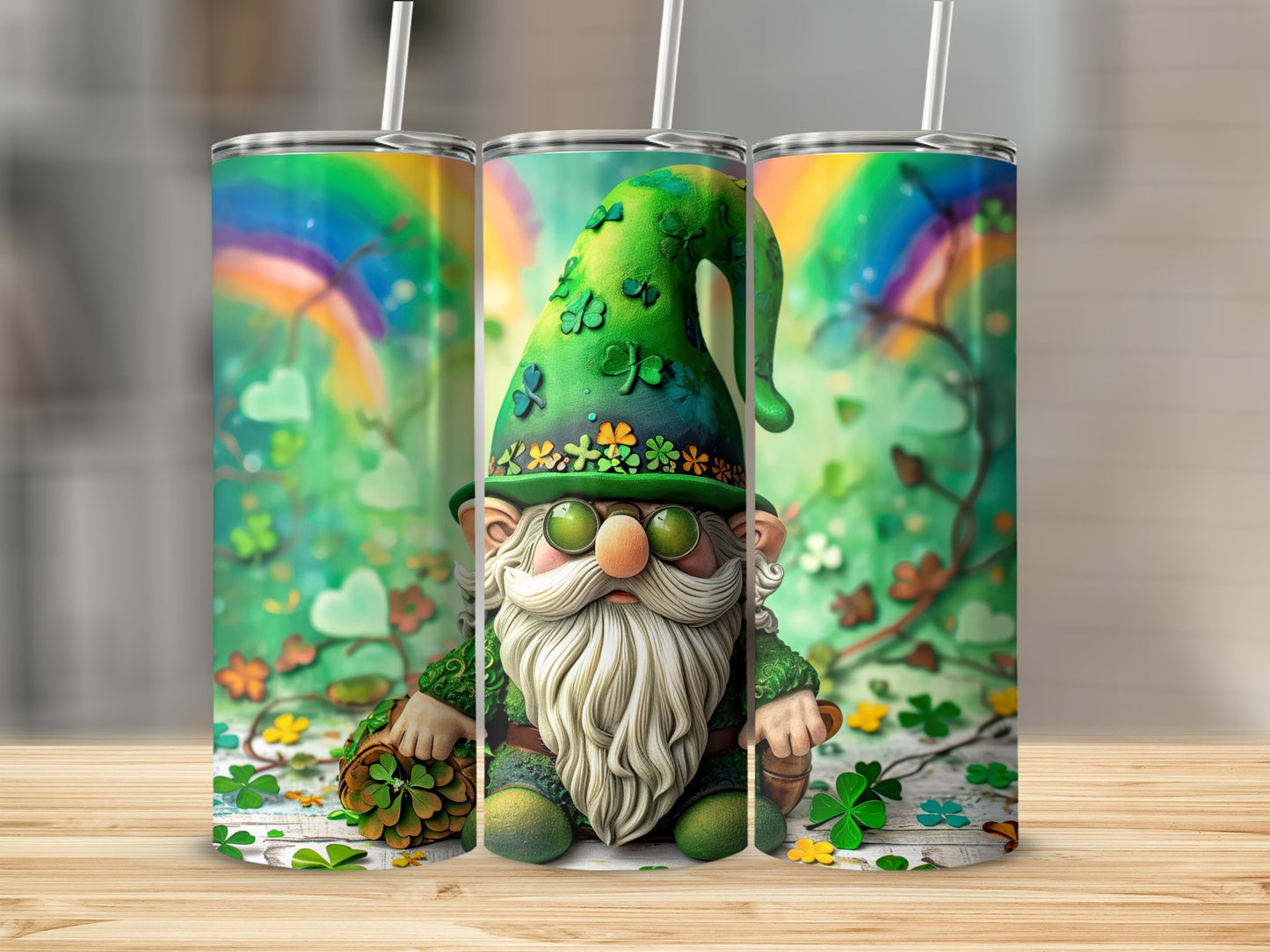 St. Patrick's Day gnome with rainbow and shamrocks on a tumbler.