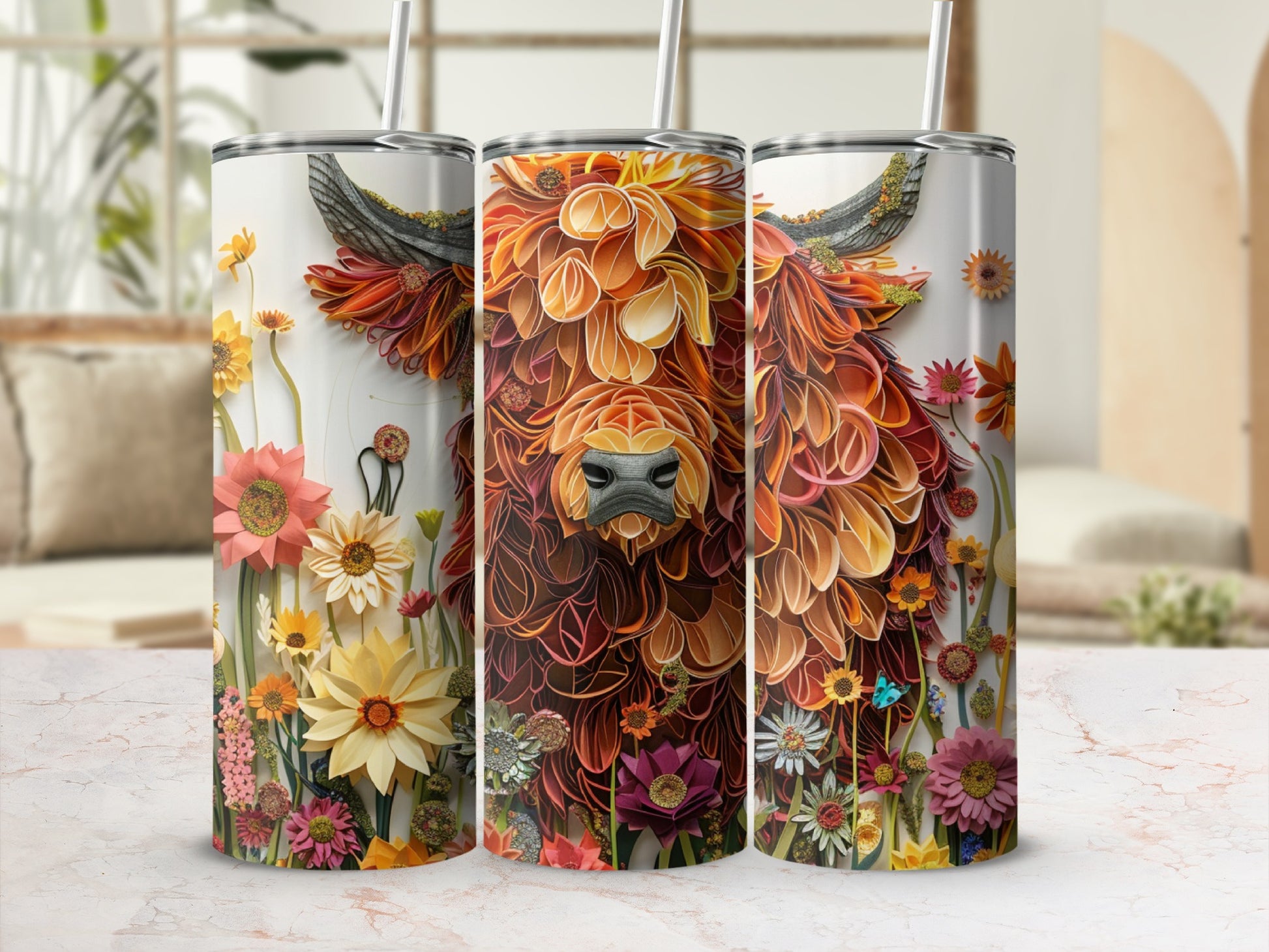 Highland cow with floral mane on three tumblers.