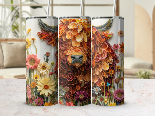 Highland cow with floral mane on three tumblers.