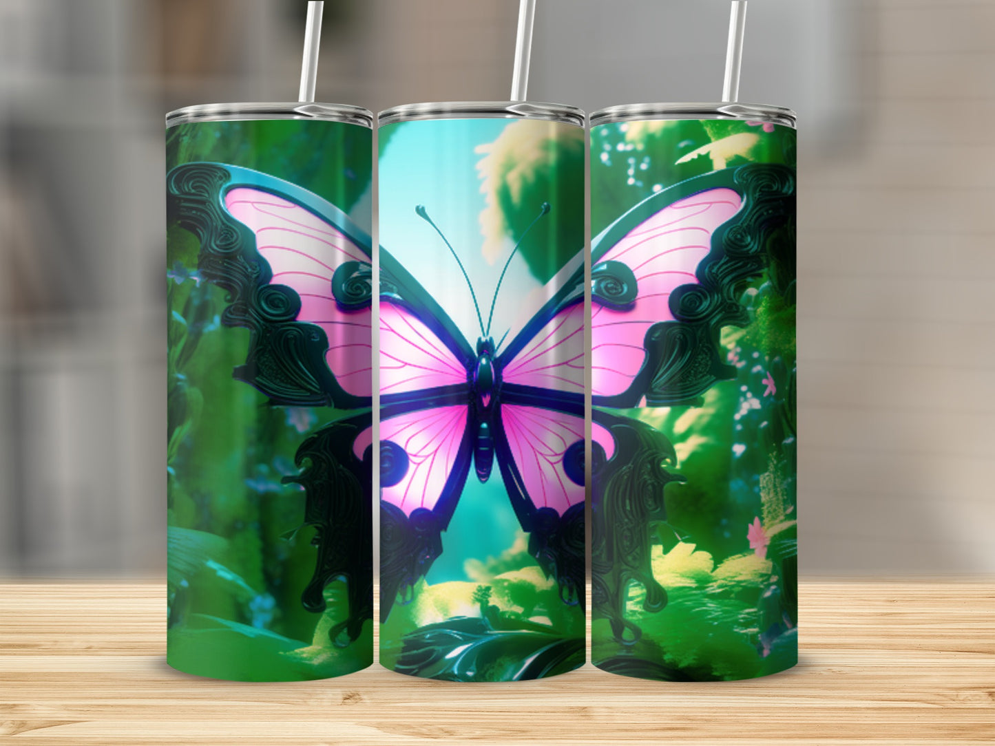 Three tumblers featuring a bright pink butterfly with black accents against a green background.