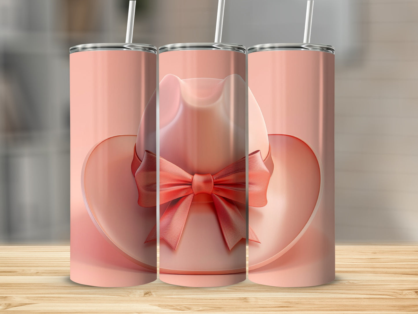 Three pink tumblers with a cowboy hat and bow design on a wooden surface.