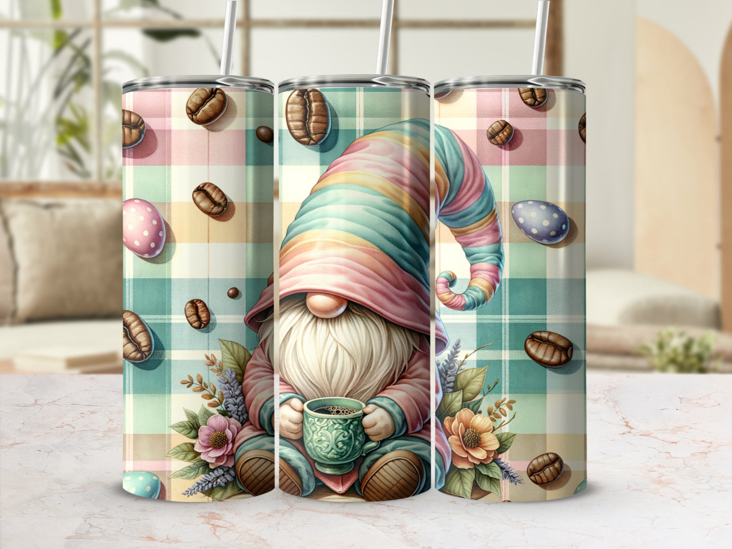 Gnome holding coffee cup, surrounded by coffee beans and flowers, on plaid background.