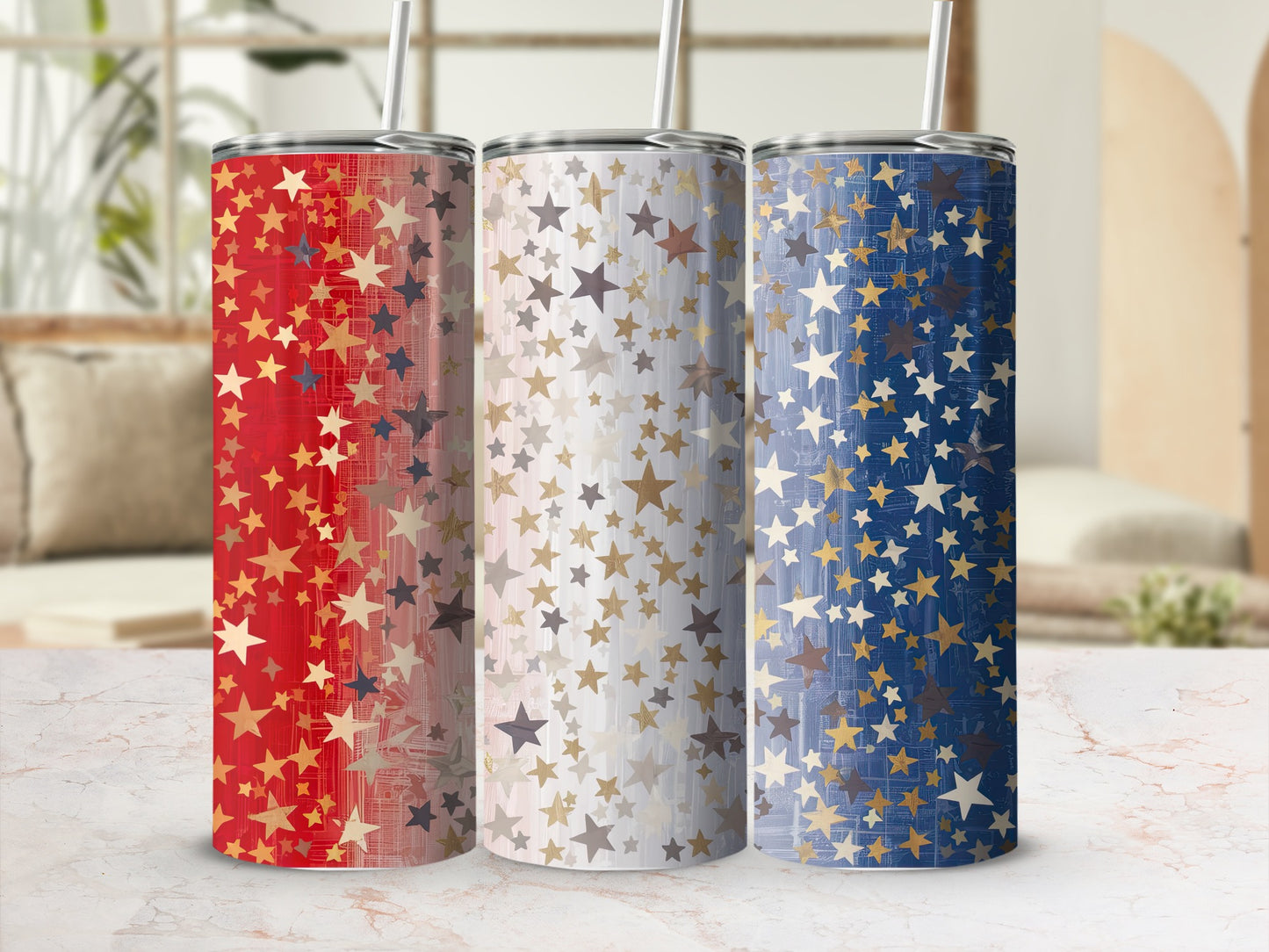 Three tumblers with star patterns in red, white, and blue.