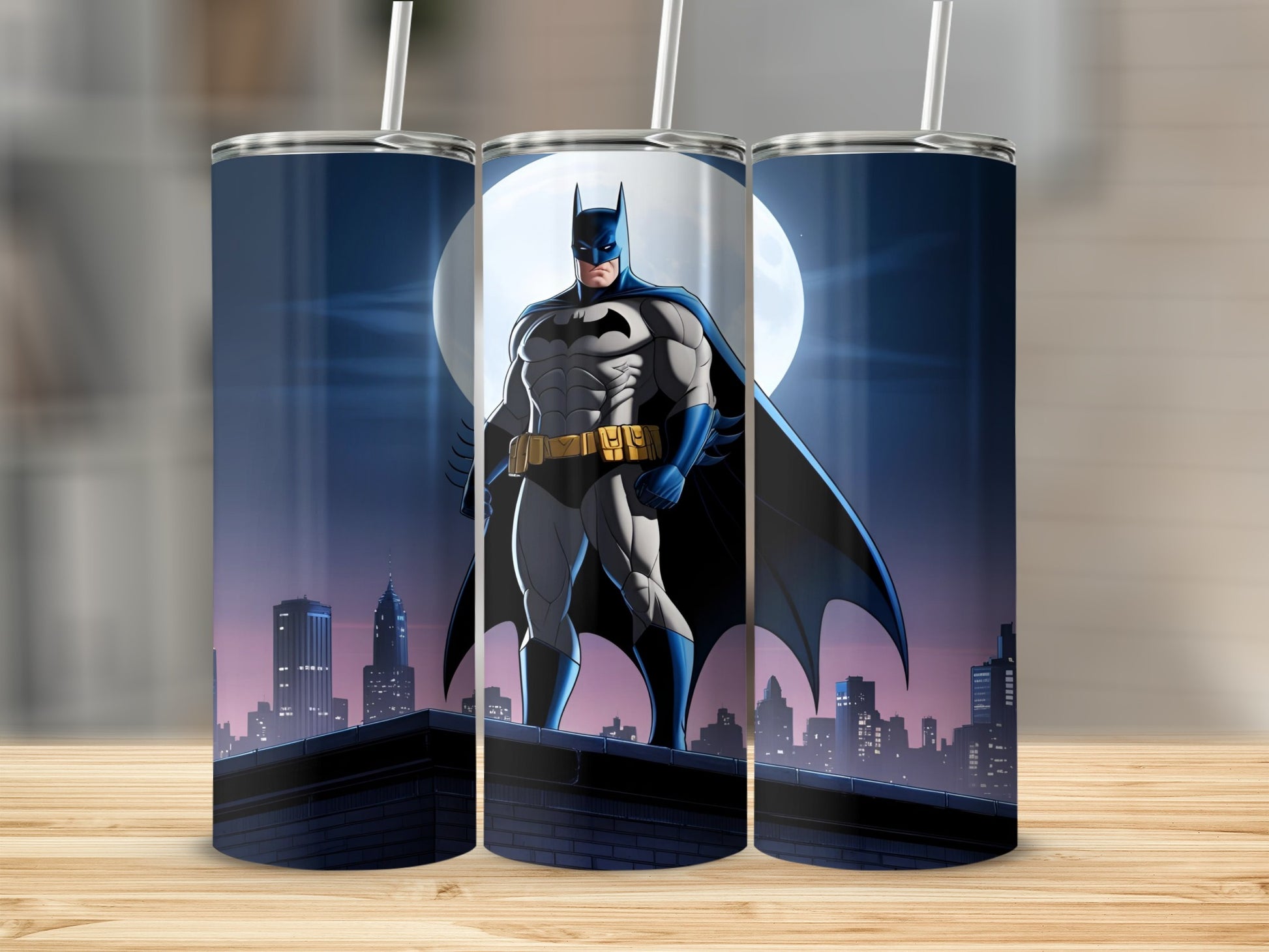 Batman stands on a rooftop in front of a moonlit city skyline.
