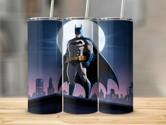 Batman stands on a rooftop in front of a moonlit city skyline.