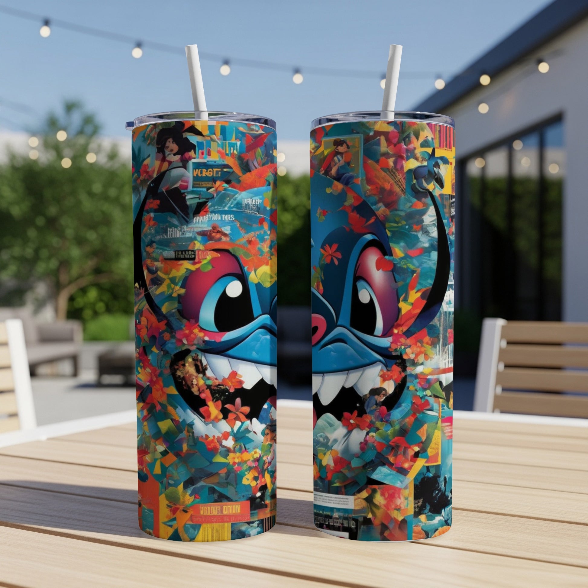 Two cartoon Stitch tumblers with colorful, abstract collage patterns.