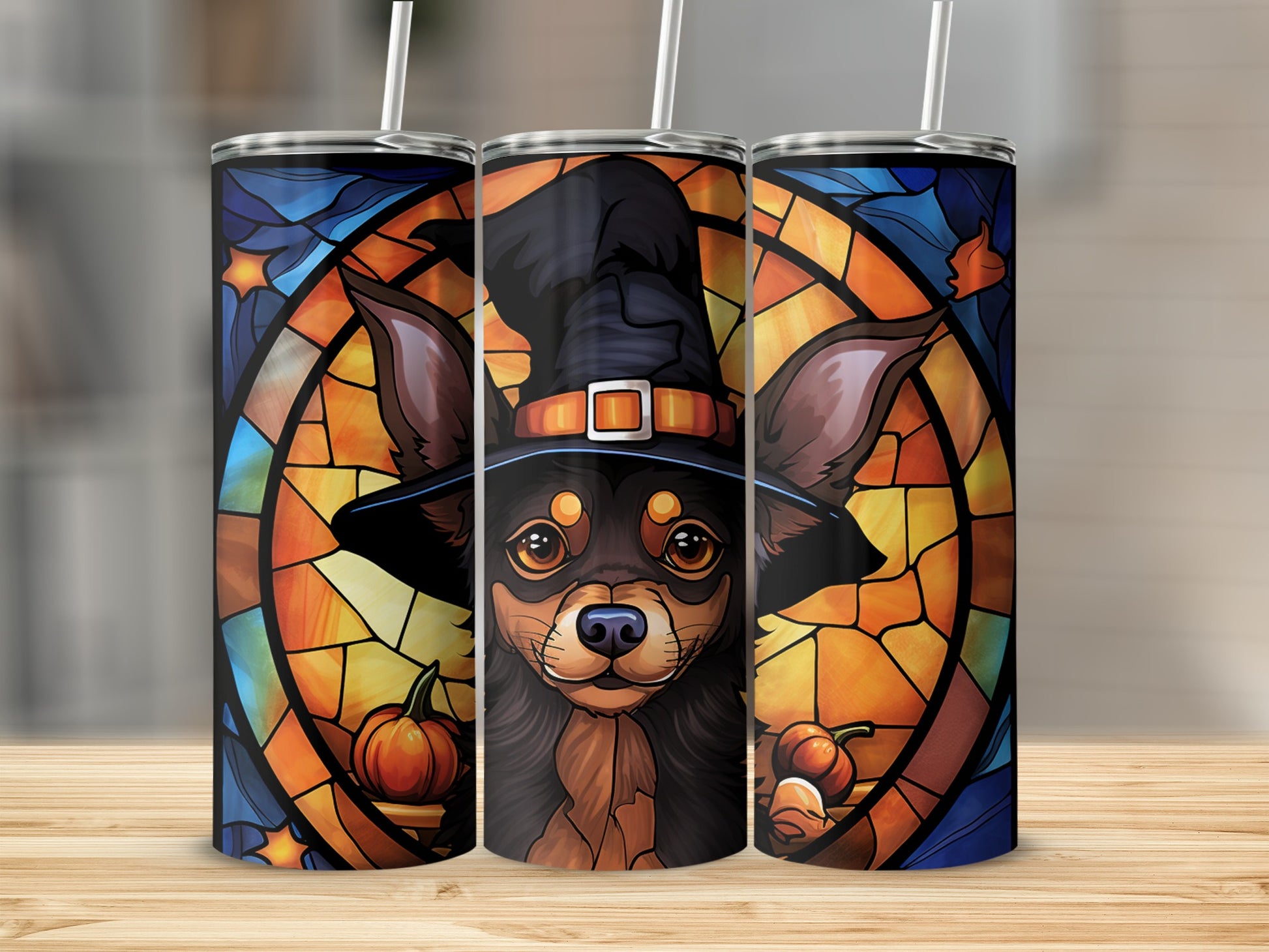 Chihuahua wearing a witch hat with pumpkins, stained glass background.