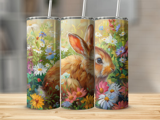 Easter bunny with floral design on three tumblers.