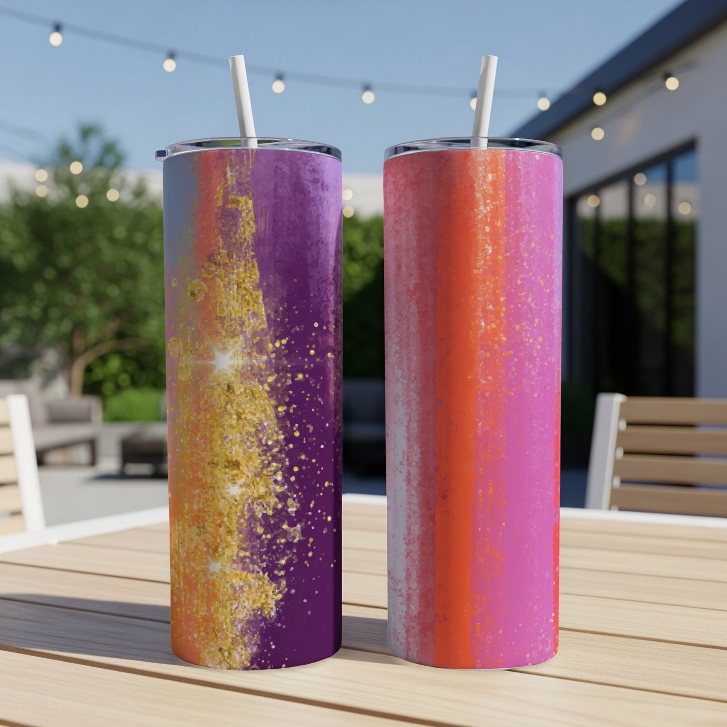 Two tumblers with abstract purple and pink designs and gold glitter accents.