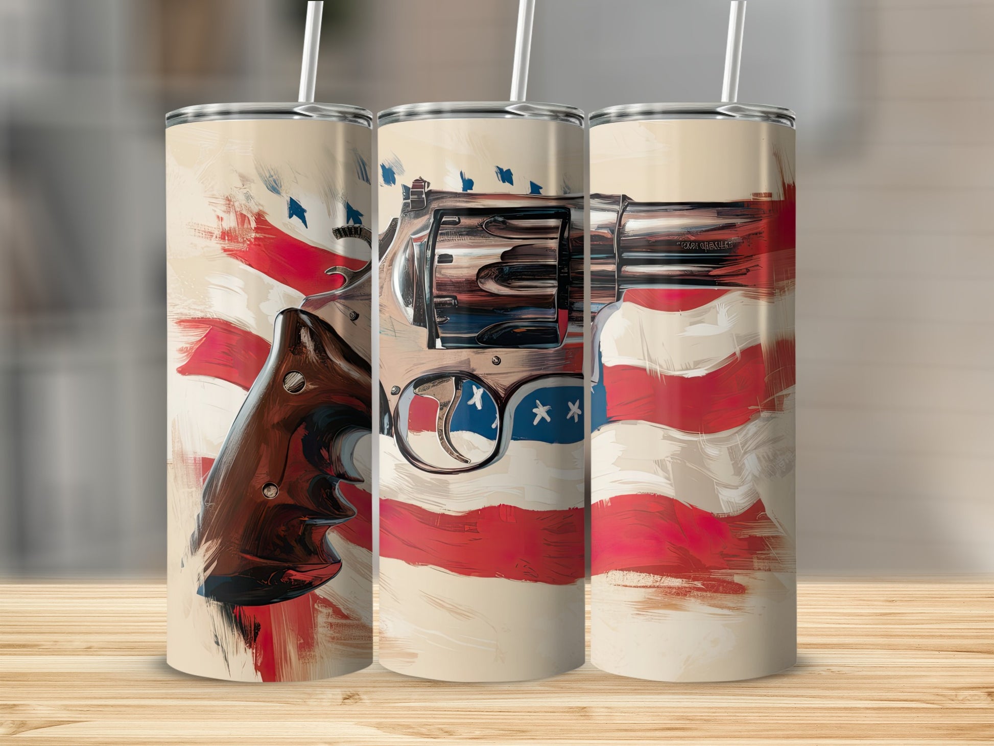 Tumbler with a revolver and American flag design.