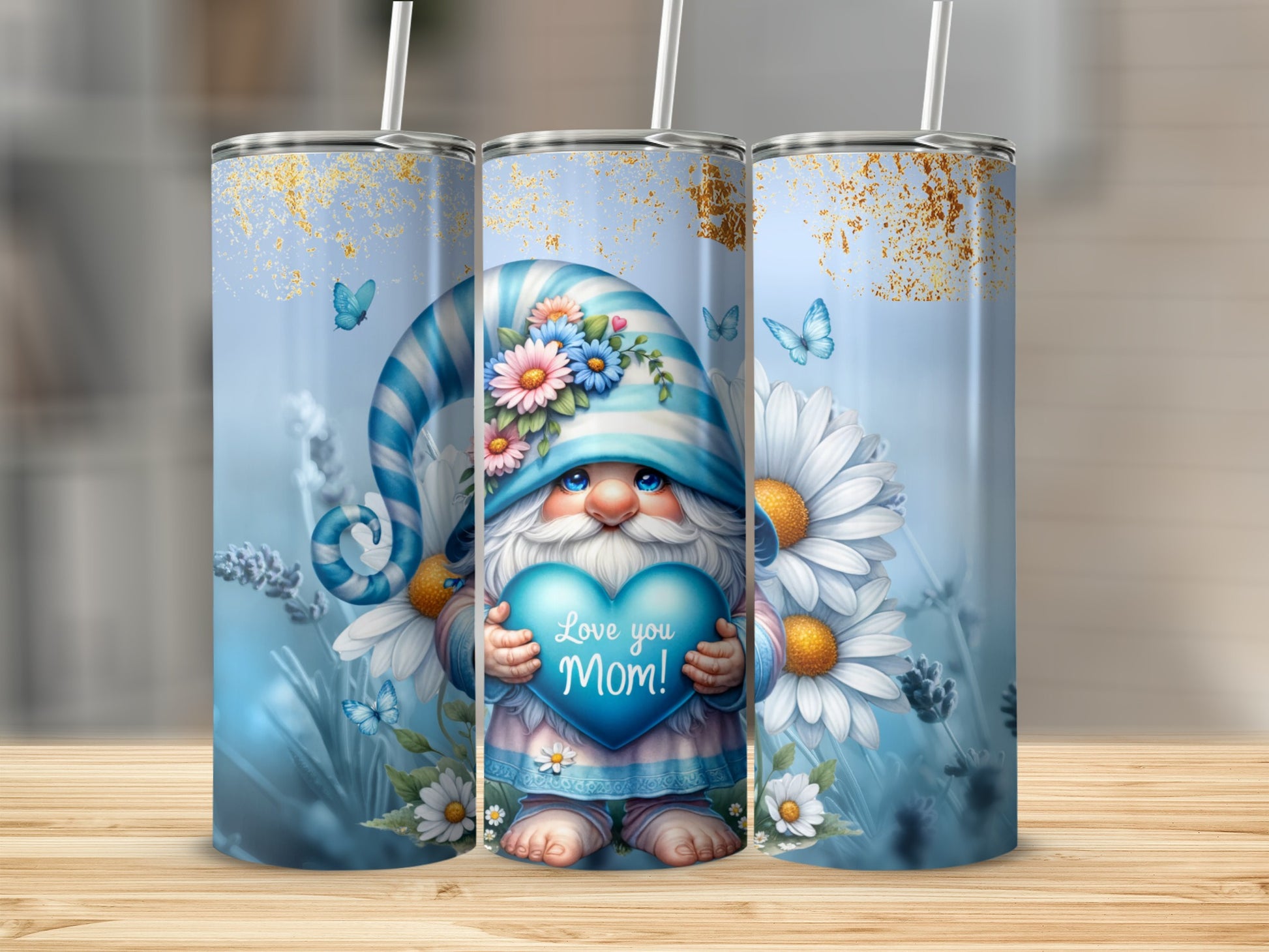 Love You Mom Gnome Floral Tumbler with Straw Cup