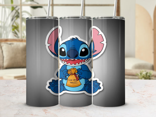 Stitch character with big ears holding a gold bag that says "Give Inspo Image".