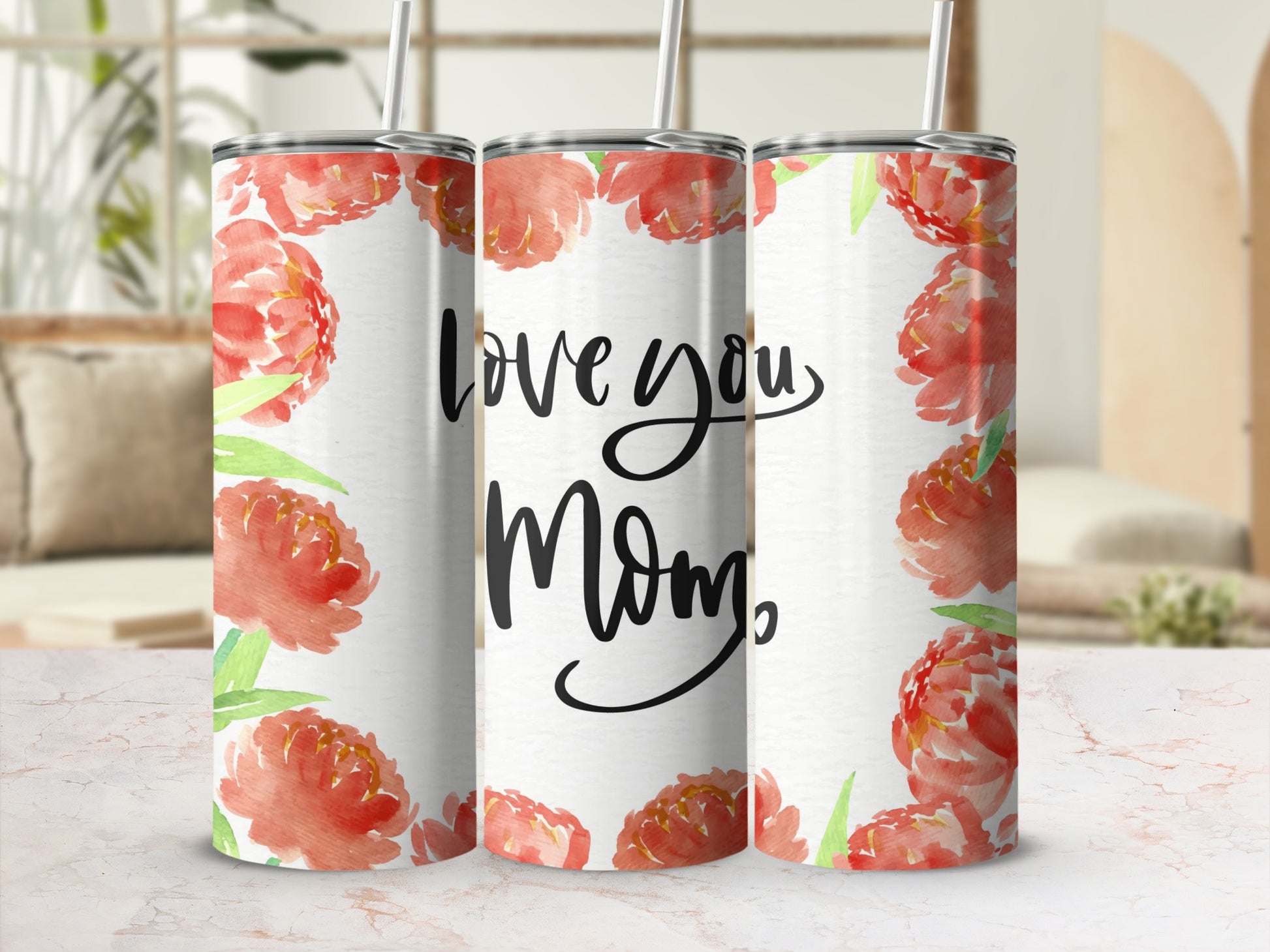Love You Mom Floral Print Travel Tumbler with Straw
