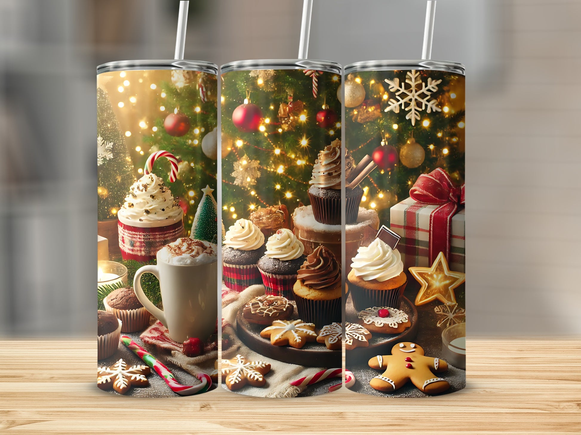 Three tumblers with Christmas sweets, hot cocoa, and holiday decorations.